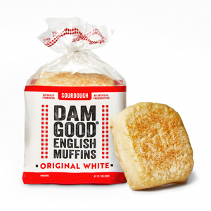 Packaged English muffin with 'Dam Good English Muffins' label on a white background